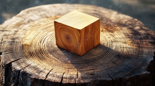 Pine tree cross sections displaying annual rings with a wooden cube on a natural surface showcasing the beauty of timber craftsmanship photo