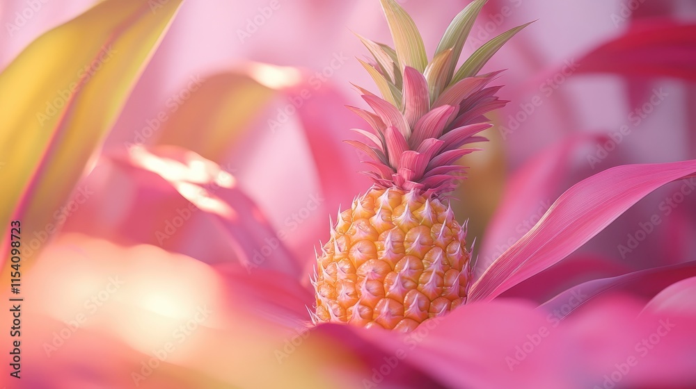 Pineapple fruit growing amidst vibrant pink leaves of a tropical bromeliad plant in a colorful natural setting Pineapple fruit growing amidst vibrant pink leaves of a tropical bromeliad plant in a colorful natural setting