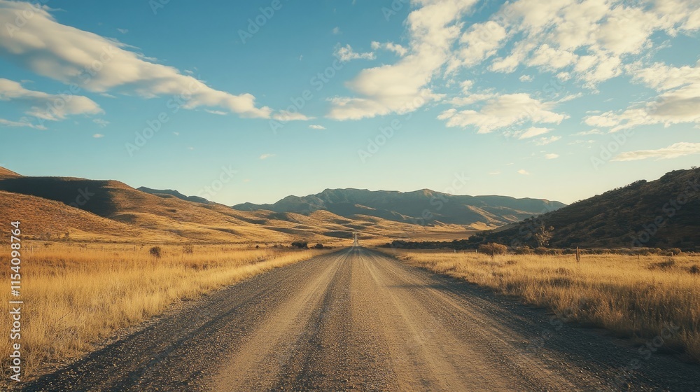Fototapeta premium Scenic outback road under a clear blue sky surrounded by mountains and golden grasslands on a bright sunny day
