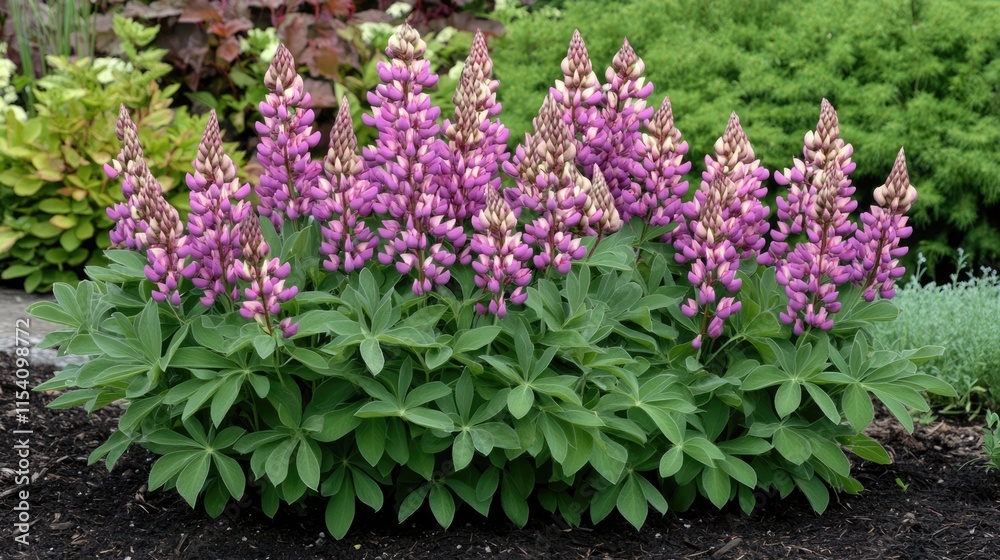 Obraz premium Vibrant Pink and Purple Lupin Flowers Blooming in a Lush Garden Landscape