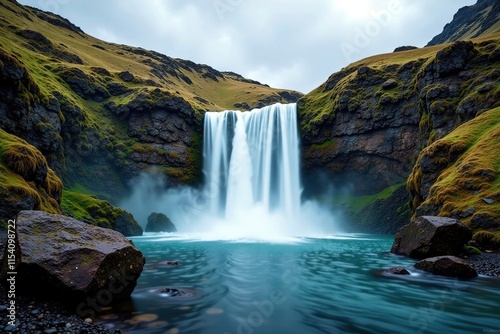 Waterfall flowing down rocky hillside in cloudy weather, wet, water
