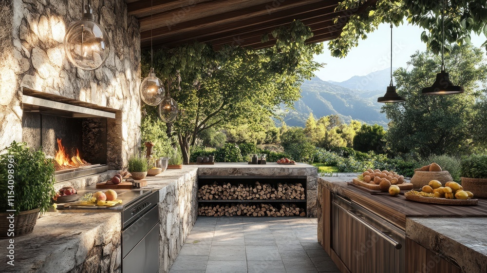 Outdoor kitchen with stone fireplace, mountain view. Outdoor kitchen with stone fireplace, mountain view.