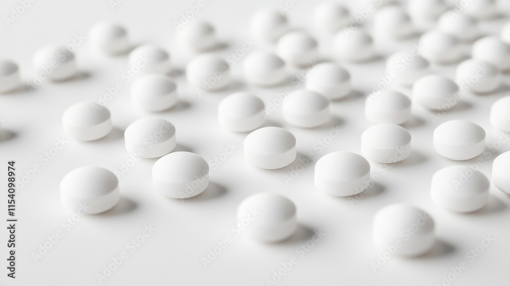 White round pills scattered on a clean white background creating a minimalist and clinical aesthetic for pharmaceutical themes White round pills scattered on a clean white background creating a minimalist and clinical aesthetic for pharmaceutical themes