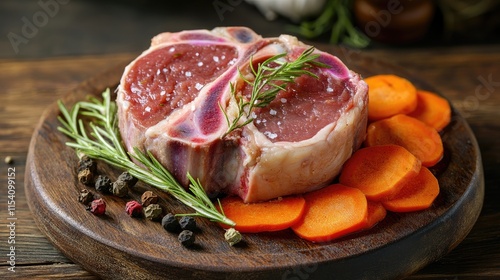 Raw veal shank cut on wooden board with fresh herbs and sliced carrots ready for preparation of traditional Italian dish Osso Buco photo