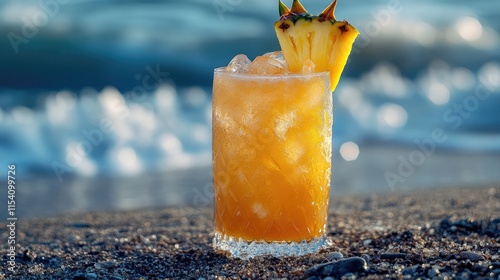 Refreshing pineapple cocktail served on a sandy beach with waves in the background perfect for summer relaxation and tropical vibes. photo