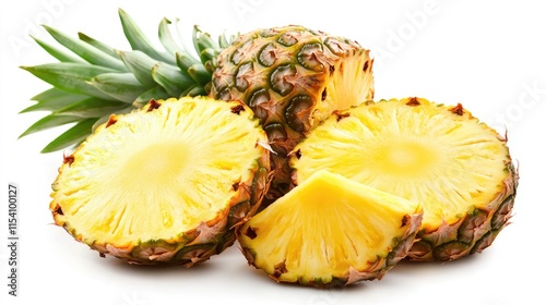 Fresh and vibrant pineapple with slices showcasing juicy yellow flesh against a bright white background ideal for tropical food themes. photo