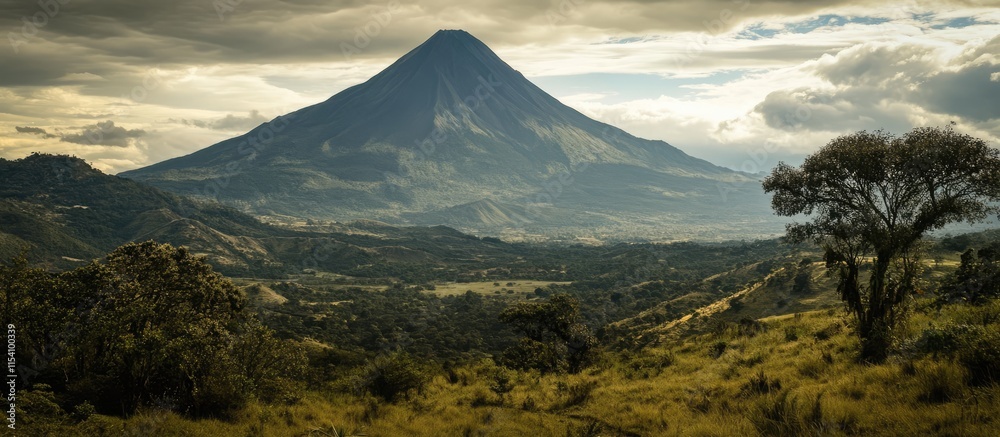 Fototapeta premium Stunning volcanic landscape with towering mountains under dramatic clouds showcasing natural beauty and scenic roadways.