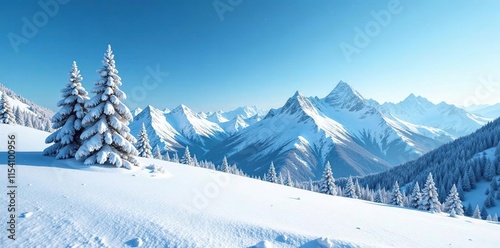Snowy mountain landscape with blue sky and mountains in the background, landscape, winter wonderland, peaceful