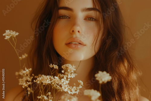 Close-up of a woman with long hair, white flowers on her chest, against a brown background. The aesthetic is beige, with a grainy film texture style, evoking a dreamcore minimalist feel. The soft, atm photo