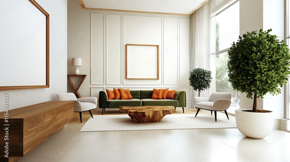 Fototapeta premium Green sofa with vibrant orange cushions. Natural wood coffee table. Wall with blank frame. 