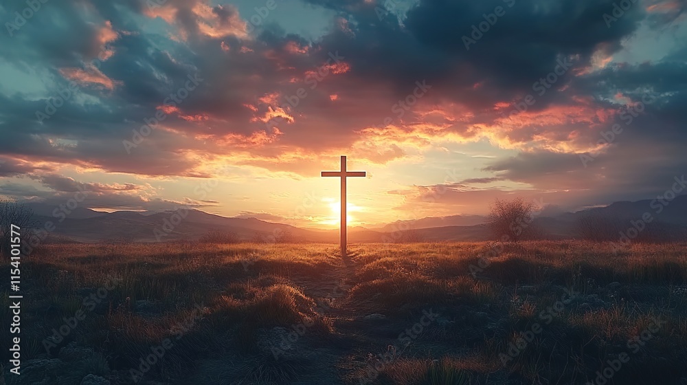 A cross in the middle of an open field with a dramatic sky and sunset. A cross in the middle of an open field with a dramatic sky and sunset.