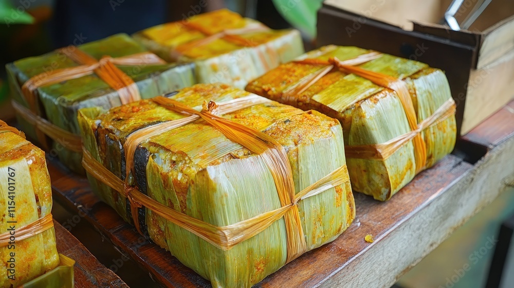 Otak otak traditional fish cake wrapped in leaves ready to be served showcasing vibrant colors and spices in an authentic culinary setting Otak otak traditional fish cake wrapped in leaves ready to be served showcasing vibrant colors and spices in an authentic culinary setting