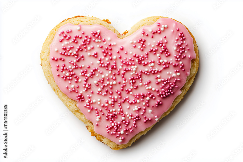 Heart-shaped Valentine cookie decorated with pink icing and sprinkles isolated on a white background Heart-shaped Valentine cookie decorated with pink icing and sprinkles isolated on a white background