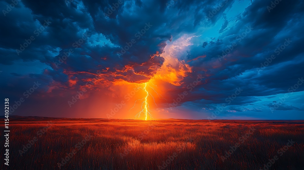 Obraz premium Fiery Sunset Lightning Strike Over Grassland Field