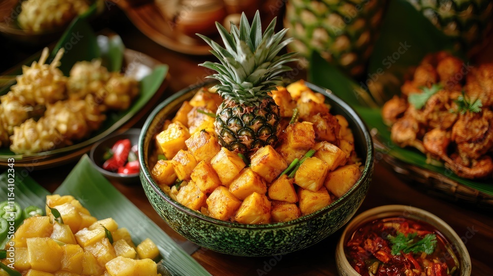 Pineapple centerpiece on a table with delicious tropical dishes and green foliage decor for vibrant culinary presentation Pineapple centerpiece on a table with delicious tropical dishes and green foliage decor for vibrant culinary presentation