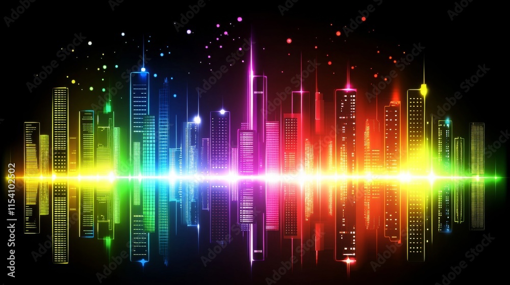 Vibrant Abstract City Skyline with Colorful Neon Lights and Reflective Water Surface Creating a Stunning Visual Display for Modern Design Projects Vibrant Abstract City Skyline with Colorful Neon Lights and Reflective Water Surface Creating a Stunning Visual Display for Modern Design Projects