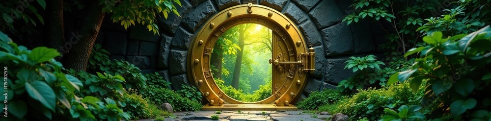 Obraz premium Rich gold vault door opens to reveal lush green forest emerging from darkness, prosperity, doors, growth