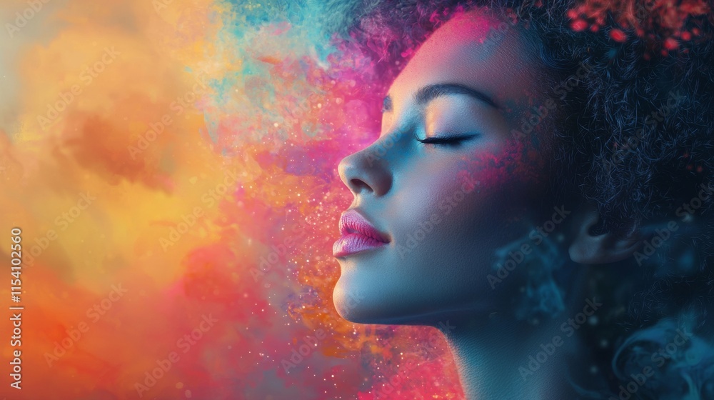 Serene woman in a cloud of colorful smoke Serene woman in a cloud of colorful smoke