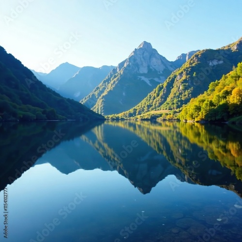 Reflection of Gazon du Faing hills on Lac de Forlet calm waters, gazon du faing, lake forlet, peaceful photo