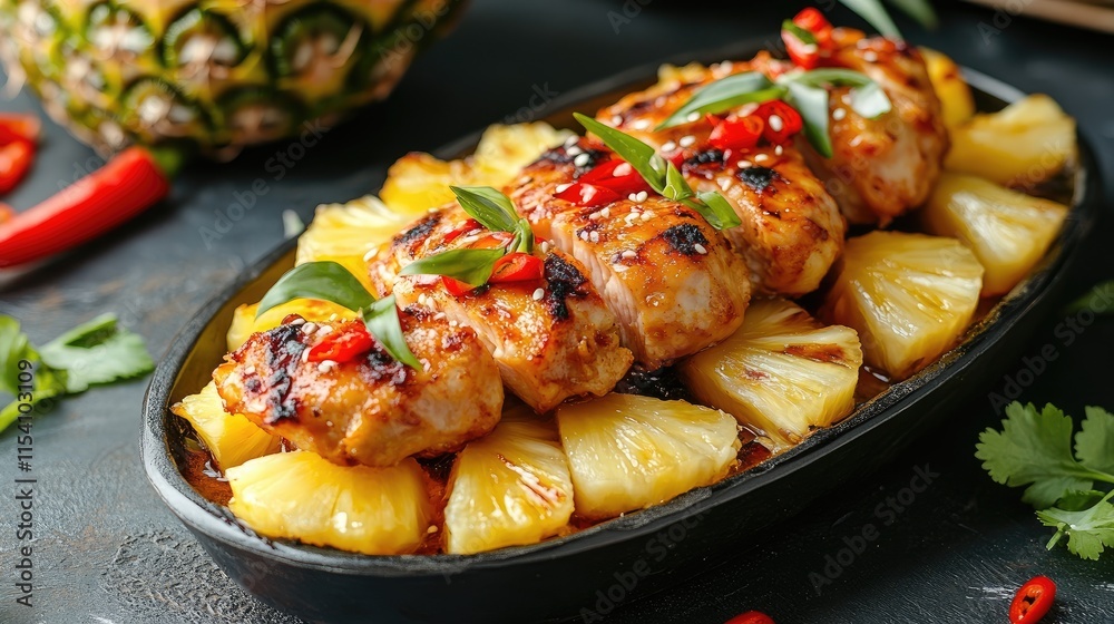 Pineapple Chicken Fillet Dish with Chili Sauce Served on Pineapple Slices and Garnished with Fresh Herbs and Red Peppers Pineapple Chicken Fillet Dish with Chili Sauce Served on Pineapple Slices and Garnished with Fresh Herbs and Red Peppers
