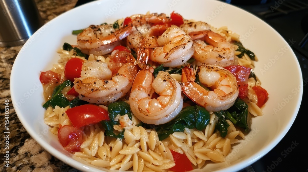 Shrimp Orzo Pasta with Spinach and Tomatoes in a Gourmet Seafood Dish Shrimp Orzo Pasta with Spinach and Tomatoes in a Gourmet Seafood Dish