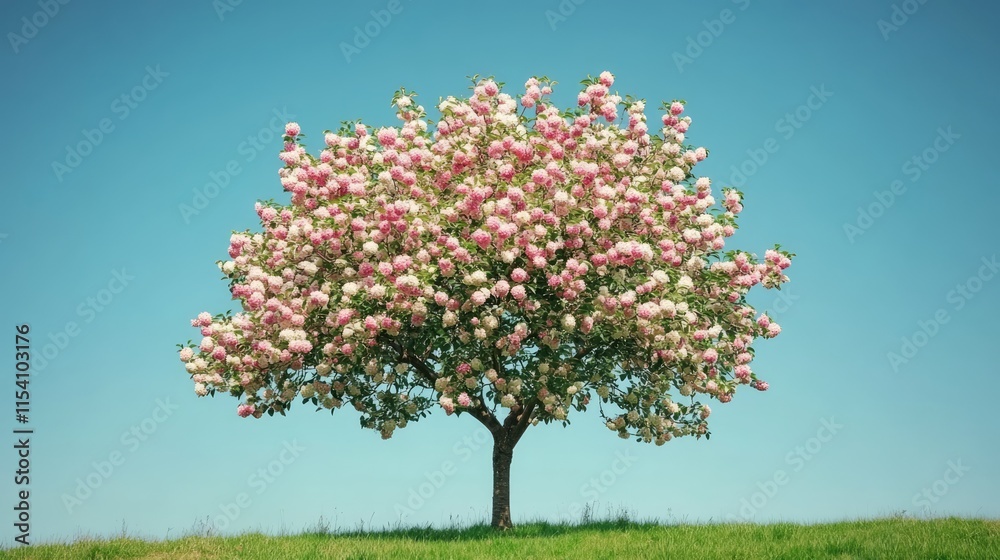 Blossoming pink and white apple tree in a serene garden scene under a bright blue sky showcasing vibrant springtime beauty Blossoming pink and white apple tree in a serene garden scene under a bright blue sky showcasing vibrant springtime beauty
