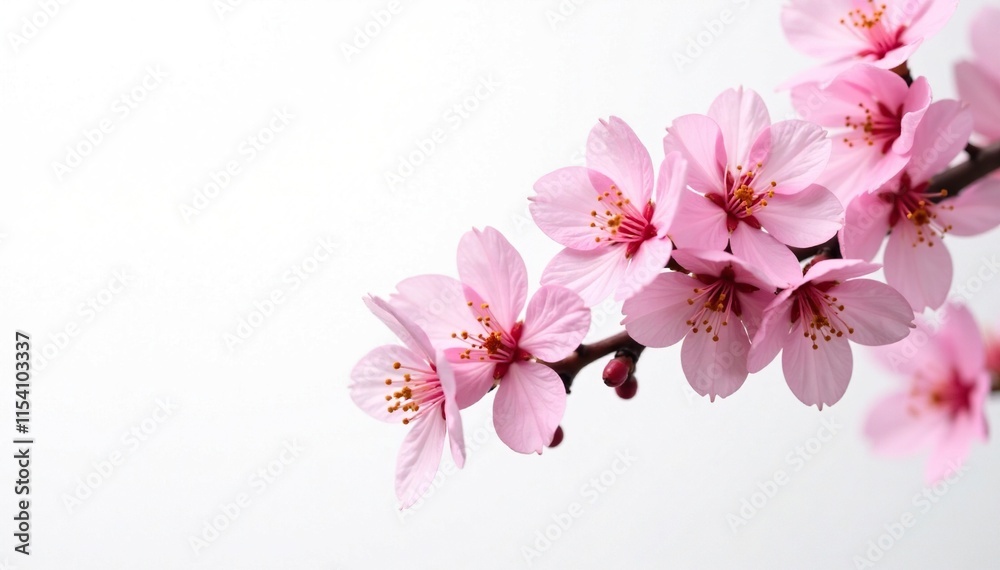 delicate pink cherry blossom branch isolated on white background, bloom, blossoming delicate pink cherry blossom branch isolated on white background, bloom, blossoming