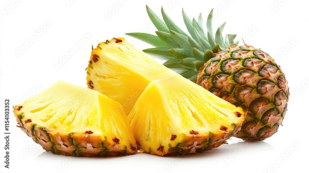 Fresh pineapple slices with whole fruit on a white background showcasing vibrant colors and textures ideal for food and nutrition presentations Fresh pineapple slices with whole fruit on a white background showcasing vibrant colors and textures ideal for food and nutrition presentations