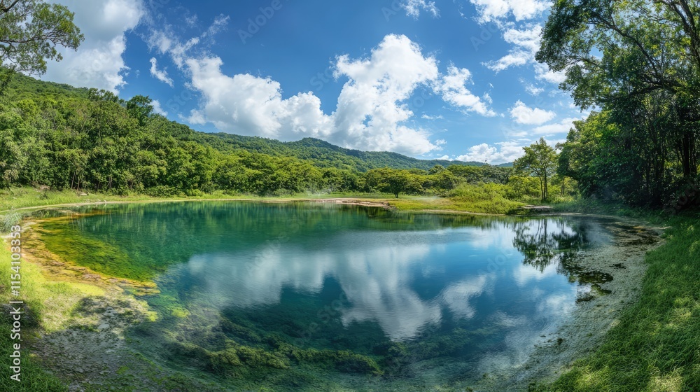 Panoramic view of serene hot springs and vibrant toxic lakes in a lush nature reserve with clear blue skies and reflecting waters Panoramic view of serene hot springs and vibrant toxic lakes in a lush nature reserve with clear blue skies and reflecting waters