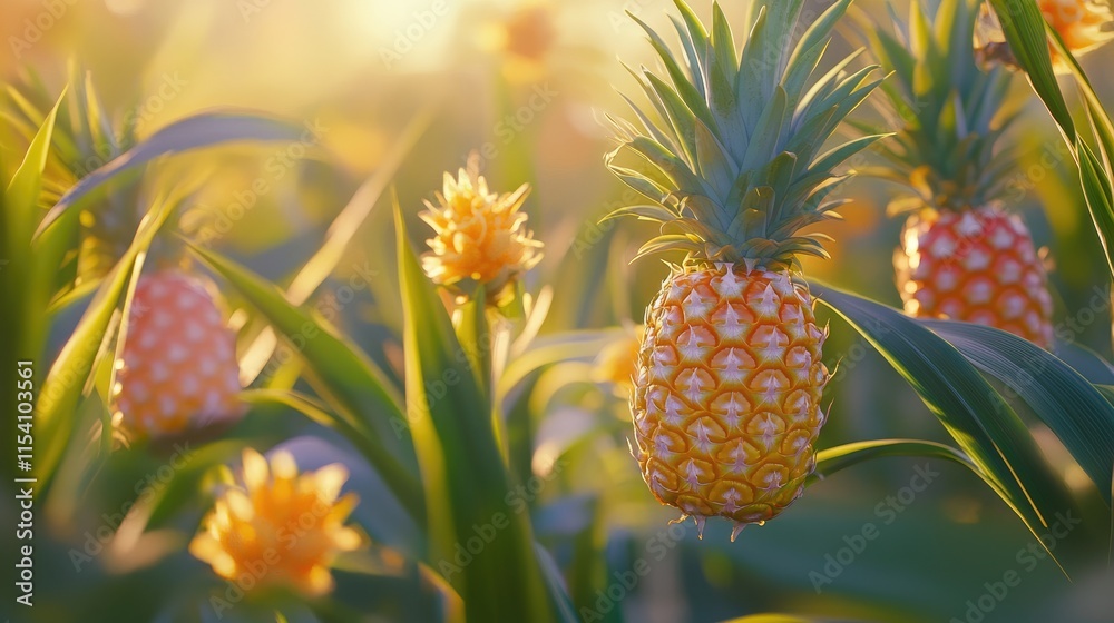 Pineapple plants in a lush summer field basking in golden sunlight showcasing fresh fruit ready for harvest Pineapple plants in a lush summer field basking in golden sunlight showcasing fresh fruit ready for harvest