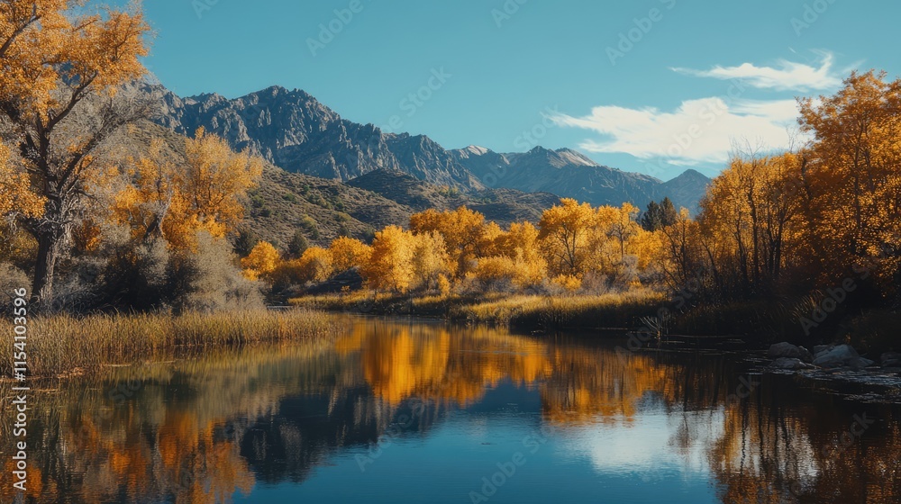 Serene autumn landscape with vibrant fall foliage reflecting on tranquil water and majestic mountains in the background Serene autumn landscape with vibrant fall foliage reflecting on tranquil water and majestic mountains in the background