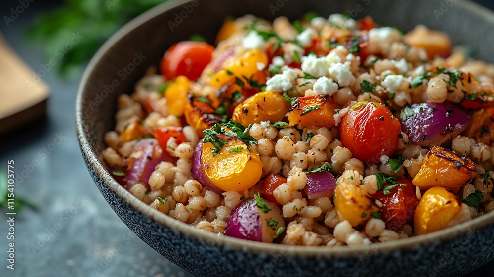 Barley breakfast bowl roasted vegetables and feta a hearty and flavorful meal rich in whole grains and nutrients closeup Barley breakfast bowl roasted vegetables and feta a hearty and flavorful meal rich in whole grains and nutrients closeup