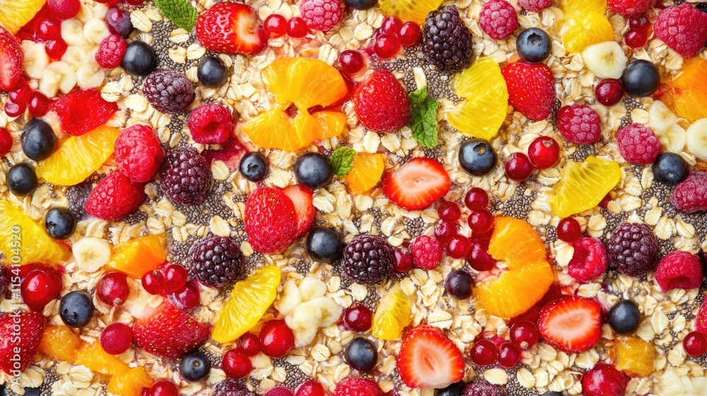 Colorful Oatmeal Topped with Fresh Fruits Berries and Chia Seeds on a Rustic Background Capturing a Healthy Breakfast Delight Colorful Oatmeal Topped with Fresh Fruits Berries and Chia Seeds on a Rustic Background Capturing a Healthy Breakfast Delight