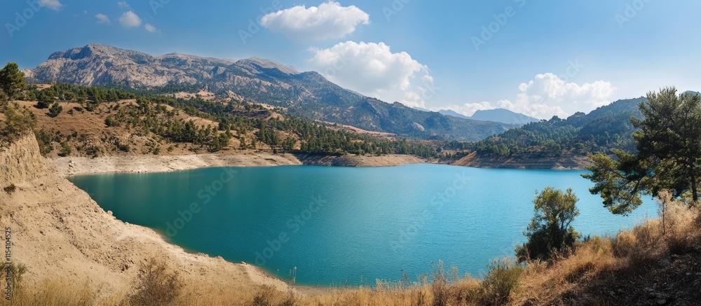 Naklejka premium Scenic panoramic view of a serene blue lake surrounded by mountains under a clear sky in a picturesque landscape setting