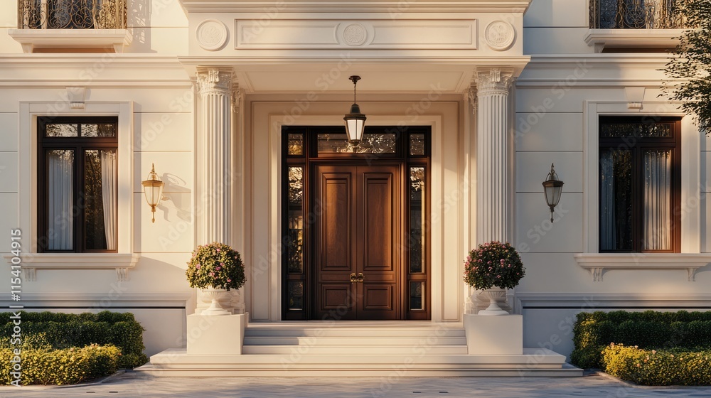 Historic architectural facade showcasing intricate designs ornate moldings and exquisite craftsmanship in an elegant and grand entryway. Historic architectural facade showcasing intricate designs ornate moldings and exquisite craftsmanship in an elegant and grand entryway.