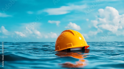 Bright helmet floating in calm ocean waters.