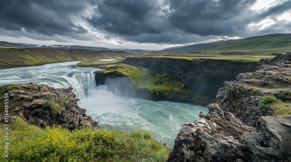 Majestic waterfall cascading into river surrounded by lush greenery under dramatic cloudy sky in serene natural landscape Majestic waterfall cascading into river surrounded by lush greenery under dramatic cloudy sky in serene natural landscape