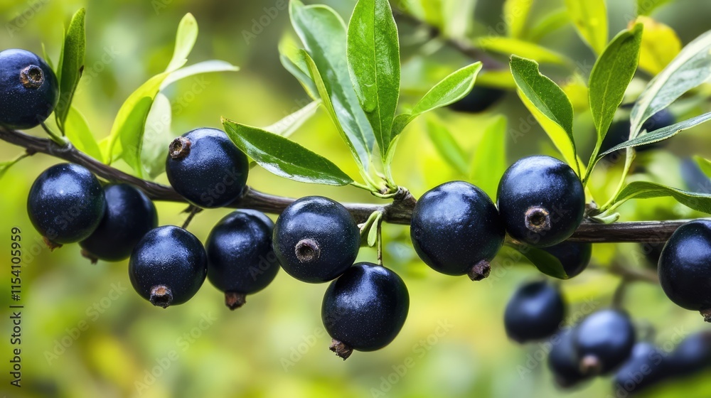 Lush branch of oval black berries surrounded by vibrant green leaves in a natural setting showcasing organic fruit growth. Lush branch of oval black berries surrounded by vibrant green leaves in a natural setting showcasing organic fruit growth.