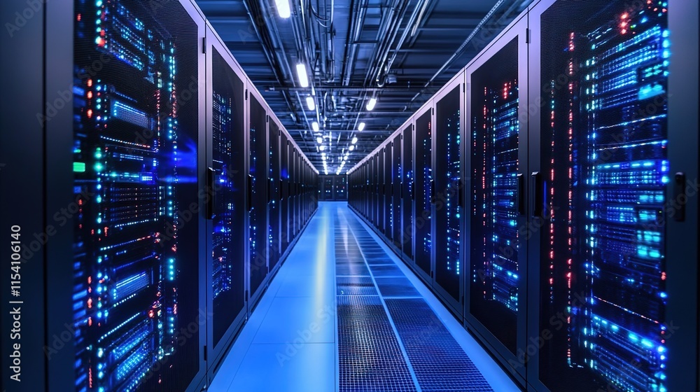 A futuristic data center with rows of server cabinets, illuminated by blue lights and holographic projections.