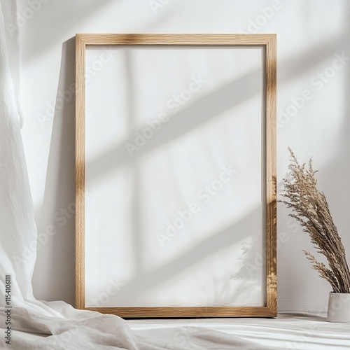 Wood Framed Empty Canvas Sits on a Soft Fabric Surface With Natural Light Creating Delicate Shadows in a Calm Interior Setting photo