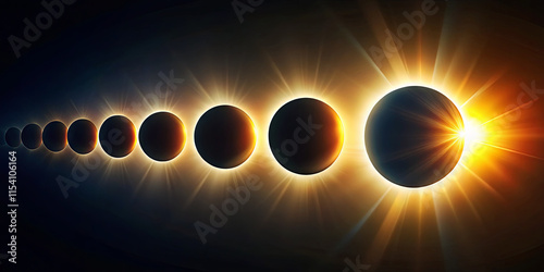 A stunning sequence showcases the phases of a solar eclipse, depicting the gradual obscuration of the sun by the moon. The radiant light beams are mesmerizing against the dark backdrop photo