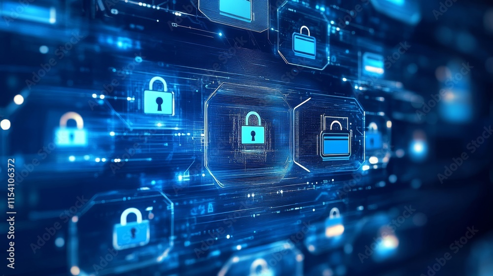 Digital Representation of Cybersecurity With Multiple Padlock Icons and Glowing Blue Circuitry in a Technology-Themed Environment Digital Representation of Cybersecurity With Multiple Padlock Icons and Glowing Blue Circuitry in a Technology-Themed Environment