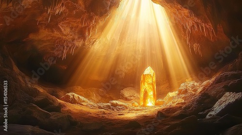  In the cave, rays of light shining down from above illuminate a large space inside. 