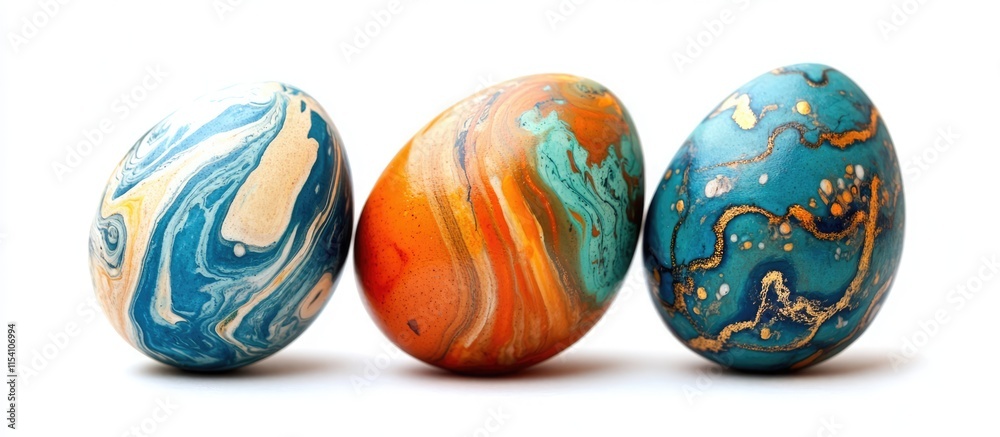 Colorful marbled painted Easter eggs isolated on white background showcasing unique designs and vibrant colors for seasonal celebrations Colorful marbled painted Easter eggs isolated on white background showcasing unique designs and vibrant colors for seasonal celebrations