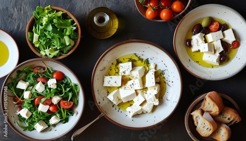 Traditional Cretan Dinner Spread with Dakos, Fresh Vegetables, and Olive Oil Arrangement photo