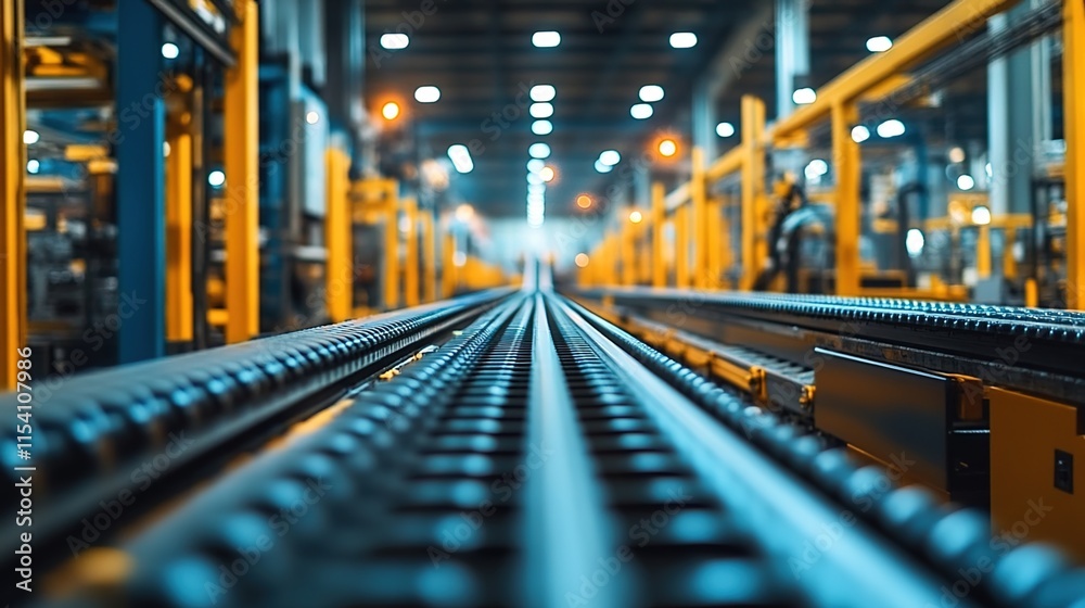 The factory production line features yellow and blue pillars, with a conveyor belt running at high speed in front of it. The factory production line features yellow and blue pillars, with a conveyor belt running at high speed in front of it.