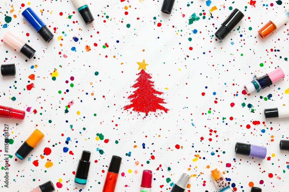Creative christmas tree made from nail polish stains surrounded by colorful bottles on white Creative christmas tree made from nail polish stains surrounded by colorful bottles on white