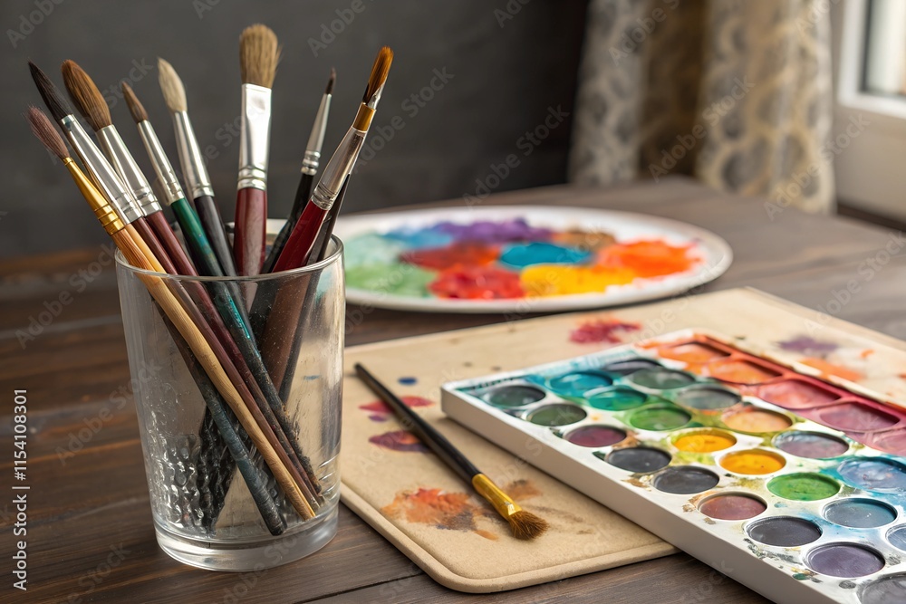 Glass with many different painting brushes and palette with blobs of acrylic oil paint on table Glass with many different painting brushes and palette with blobs of acrylic oil paint on table