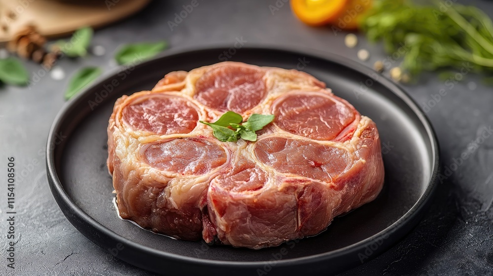 Traditional Ossobuco Dish Featuring Stewed Veal Shank on Black Plate with Herbs and Vegetables in Gourmet Setting Traditional Ossobuco Dish Featuring Stewed Veal Shank on Black Plate with Herbs and Vegetables in Gourmet Setting
