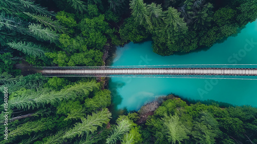 A stunning aerial perspective of a bridge spanning a vibrant turquoise river, surrounded by dense green forest, symbolizing nature's beauty